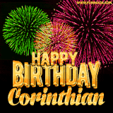 A captivating GIF with bursts of green, pink, and orange fireworks lighting up the night sky, accompanied by 'Happy Birthday Corinthian' in glowing golden text.