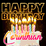 A vibrant animated GIF featuring a delicious birthday cake topped with glowing candles and the name 'Corinthian' in elegant script, and the words 'Happy Birthday' on the black background.