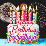 A lively happy birthday animated GIF showcasing a colorful birthday cake covered in sprinkles, topped with glowing candles, and surrounded by vibrant fireworks. The name 'Corinthian' is featured in elegant script.