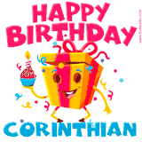 A funny animated birthday GIF with the words 'Happy Birthday Corinthiana', colorful gift box with arms and legs, holding a cupcake with a lit candle  with confetti everywhere.