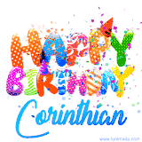 Animated GIF with colorful, festive 'Happy Birthday Corinthian' text decorated with patterns, a party hat, and falling confetti. A vibrant and cheerful design for birthday celebrations.