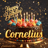 Happy Birthday Cornelius animated image showcasing a decorated chocolate cake on a pedestal with glowing candles.