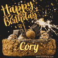 Celebrate Cory's birthday with a GIF featuring chocolate cake, a lit sparkler, and golden stars