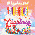Personalized for Courtney elegant birthday cake adorned with rainbow sprinkles, colorful candles and glitter