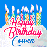 A cheerful animated GIF featuring colorful lit birthday candles on a white cake, with the text 'Happy Birthday Cowen' in bold red and blue script on a bright blue background.