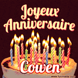 A Happy Birthday GIF in French featuring a festive birthday cake adorned with bright candles and the glowing text 'Joyeux Anniversaire Cowen' in a cheerful style.