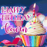 A festive animated GIF featuring a colorful cupcake with a single lit candle, sprinkles, and 'Happy Birthday Cowen' text against a sparkling, celebratory background.
