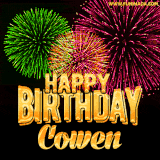 A captivating GIF with bursts of green, pink, and orange fireworks lighting up the night sky, accompanied by 'Happy Birthday Cowen' in glowing golden text.