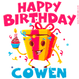 A funny animated birthday GIF with the words 'Happy Birthday Cowena', colorful gift box with arms and legs, holding a cupcake with a lit candle  with confetti everywhere.