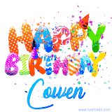Animated GIF with colorful, festive 'Happy Birthday Cowen' text decorated with patterns, a party hat, and falling confetti. A vibrant and cheerful design for birthday celebrations.