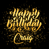 Animated GIF with colorful, festive 'Happy Birthday Craig' text decorated with patterns, a party hat, and falling confetti. A vibrant and cheerful design for birthday celebrations.