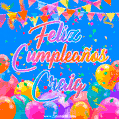 A vibrant animated GIF with 'Feliz Cumpleaños Craig' written in colorful script, surrounded by balloons, confetti, and bunting on a bright blue background.