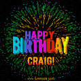 A colorful animated GIF featuring the text 'Happy Birthday Craig!' in rainbow colors with a dynamic iridescent firework display in the background.