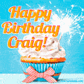 A cheerful animated GIF of a cupcake with creamy frosting, a red checkered ribbon, and a bright sparkler on top. The text 'Happy Birthday Craig!' is displayed in vibrant orange and red.
