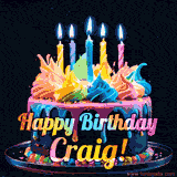 A vibrant animated GIF featuring a colorful rotating birthday cake with bright frosting swirls, glowing candles, and the text 'Happy Birthday Craig!' in rainbow colors.
