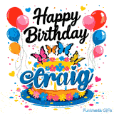 Shimmering colors and scattered confetti around a personalized cake with butterflies and balloons for Craig.