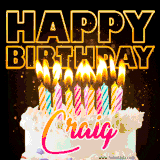A vibrant animated GIF featuring a delicious birthday cake topped with glowing candles and the name 'Craig' in elegant script, and the words 'Happy Birthday' on the black background.