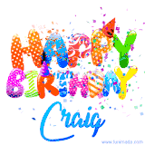 Animated GIF with colorful, festive 'Happy Birthday Craig' text decorated with patterns, a party hat, and falling confetti. A vibrant and cheerful design for birthday celebrations.