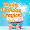 A cheerful animated GIF of a cupcake with creamy frosting, a red checkered ribbon, and a bright sparkler on top. The text 'Happy Birthday Crayton!' is displayed in vibrant orange and red.