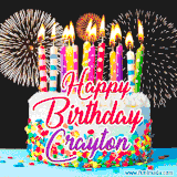 A lively happy birthday animated GIF showcasing a colorful birthday cake covered in sprinkles, topped with glowing candles, and surrounded by vibrant fireworks. The name 'Crayton' is featured in elegant script.