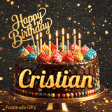 Elegant birthday GIF with the name Cristian on a chocolate cake surrounded by flickering candlelight and golden stars.