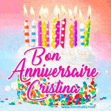 A white birthday cake covered in colorful sprinkles, topped with bright candles, and French text 'Bon Anniversaire Cristina' on a pastel gradient background in an animated GIF.