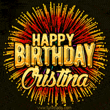 Golden 'Happy Birthday Cristina' text accompanied by animated rainbow fireworks for a festive animated greeting.