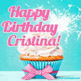 A festive cupcake with pink icing, a gingham bow, and a lit animated sparkler, paired with 'Happy Birthday Cristina!' in bright pink text.