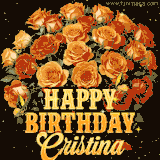 Animated bouquet of orange roses with moving butterfles and golden 'Happy Birthday Cristina' text, surrounded by sparkling accents and a dark backdrop for a luxurious feel.
