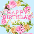A charming animated GIF featuring 'Happy Birthday Cristina' in pink and green text, surrounded by delicate roses, leaves, and fluttering butterflies on a soft light blue pastel background.
