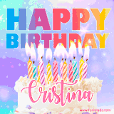 A vibrant animated name GIF with the words 'Happy Birthday Cristina' with colorful candles on a creamy cake. The background sparkles with pastel shades, adding a festive touch.