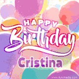 A vibrant name GIF featuring colorful balloons in shades of pink, orange, and yellow with the bold text 'Happy Birthday Cristina' in festive fonts, creating a lively birthday vibe.