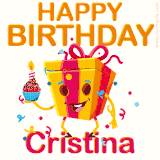 A vibrant and funny gift box character with a happy face dancing with a cupcake and the text 'Happy Birthday Cristina,' surrounded by animated confetti and party vibes.