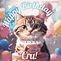 Happy birthday gif for Cru with cat and cake