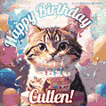 Happy birthday gif for Cullen with cat and cake
