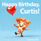 A smiling slice of pizza holding a red balloon for Curtis's birthday celebration
