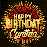 Golden 'Happy Birthday Cynthia' text accompanied by animated rainbow fireworks for a festive animated greeting.