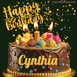 A delightful chocolate birthday cake with bright candles and 'Happy Birthday Cynthia' written in gold amidst a shower of animated stars.