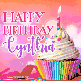 A vibrant birthday GIF featuring a rainbow-colored cupcake topped with white frosting, sprinkles, and a lit candle. The text reads 'Happy Birthday Cynthia' in bold pink and violet letters with white outline.