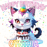 Adorable party-themed animated cat next to a lit birthday cake with text that says 'Happy Birthday Cynthia,' surrounded by colorful decorations and sparkles.