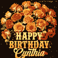 Beautiful bouquet of orange and red roses for Cynthia, golden inscription and twinkling stars