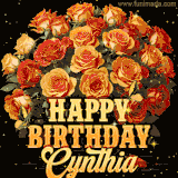 Animated bouquet of orange roses with moving butterfles and golden 'Happy Birthday Cynthia' text, surrounded by sparkling accents and a dark backdrop for a luxurious feel.