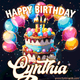 Bright birthday animation for Cynthia with a chocolate cake, candles, balloons, and glowing celebratory lights.