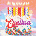 Personalized for Cynthia elegant birthday cake adorned with rainbow sprinkles, colorful candles and glitter