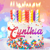 A cheerful white birthday cake with multicolor sprinkles, lit candles, and 'Cynthia' written in vibrant letters, in an animated GIF.