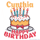 Cartoon birthday cake with a red bow, glowing candles, and 'Cynthia Happy Birthday' text in bold animated style.