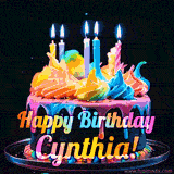 A mesmerizing animated cake with multicolor frosting and candles, and the words 'Happy Birthday Cynthia' on the black background.