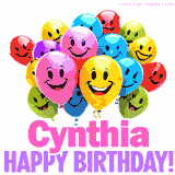 Animated colorful and joyful birthday balloons with cheerful smiles and a bright 'Happy Birthday Cynthia!' message in pink and purple.