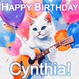 Animated GIF featuring a charming white cat with bright blue eyes strumming a guitar while colorful balloons float in the background, with 'Happy Birthday Cynthia!' text.