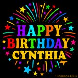 Personalized greeting card with name, colorful text that says 'Happy Birthday Cynthia' surrounded by animated fireworks and multicolor stars
